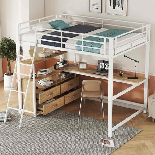 YEHTOKHOME Lit loft Moderne 140x200cm avec Bureau et échelle, Multifonctionnel lit Mezzanine en métal avec Garde-Corps, étagères et 4 tiroirs(sans Matelas) (Blanc 2)