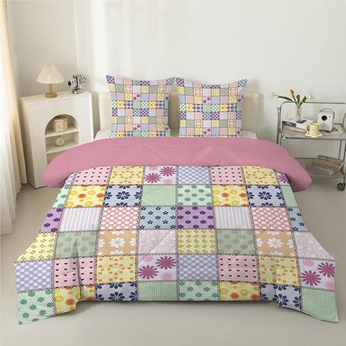Couette 260x240 cm Patchwork Mignon, Legère 4 Saisons - Imprimée Motif Coloré pour Lit 2 Personnes, Edredon Réversible sans Housses et 2 Taies d'Oreiller 65x65 cm