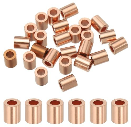 sourcing map 1/8(2.5mm) Wire Rope Stop Sleeve, Copper Crimping Loops Sleeve Round Crimp Ferrules for Wire Rope and Cable Ferrule, Gold 25Pcs