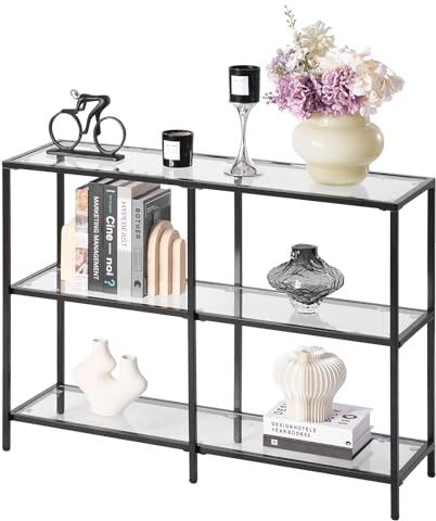 VEVOR Tavolo Consolle in Vetro a 3 Livelli 100 x 30 x 72,9 cm Moderno Tavolino Rettangolare con Piano in Vetro Temperato e Gambe in Ferro, Dispositivo Antiribaltamento per Soggiorno, Ingresso, Nero