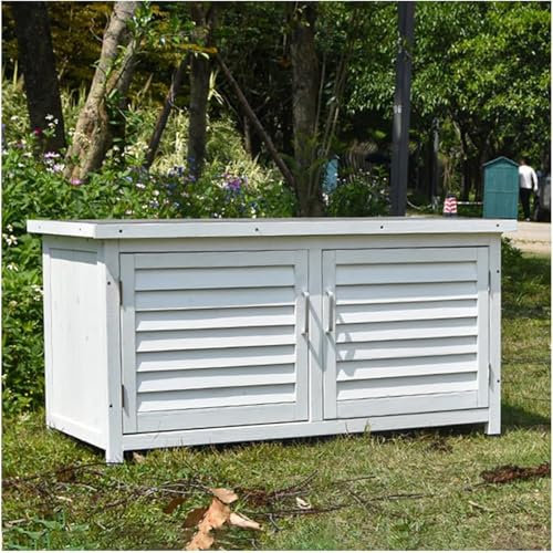 Holz-Gartenhaus – Outdoor-Werkzeugschrank mit aufklappbarem Dach und Regal, Doppeltür-Design, graues Finish, ideal für Gartengeräte und -geräte