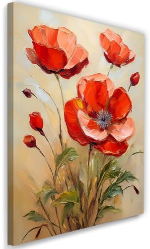 Feeby Bild auf Leinwand - Wandbilder Wohnzimmer Aesthetic - Rote Mohnblumen auf beigem Hintergrund - 80x120 1tlg - Schlafzimmer Wandekoration - Bilder Zimmer - Deko Wandbilder - Moderne Bild