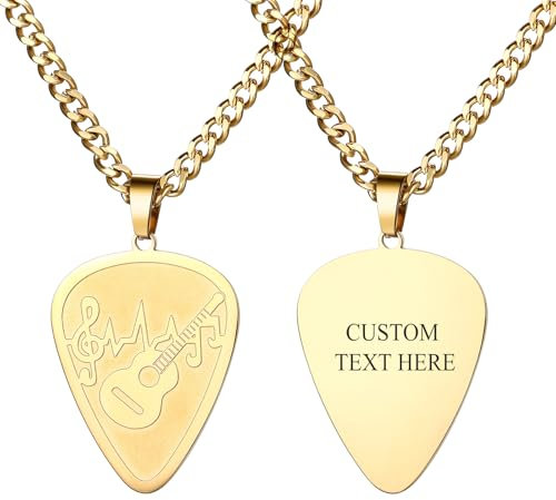 Cupimatch Personalisierte Gitarren Plektrum Kette: Gravierbare goldene Plektron Halskette Edelstahl Kubanische Gliederkette Hip Hop Musiker Schmuck Geschenk für Rapper Musikliebhaber Gitarrist