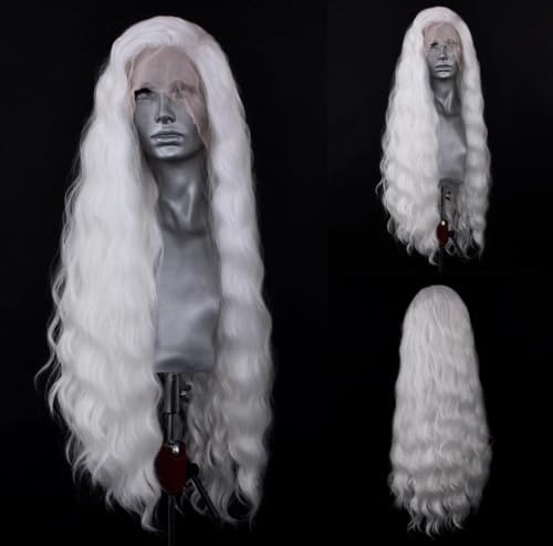 PORSMEER Lace Front Perücke Lang Lockige Gewellte Perücke für Damen 13x4 Lace Front Glueless Wig natürlichem Haaransatz Hitzebeständiges Kunsthaar,Weiß