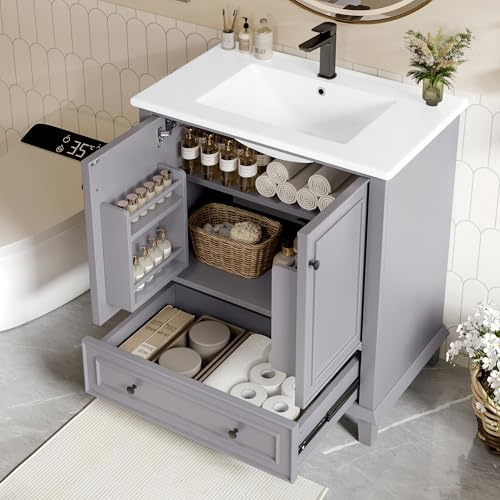 76 x 46 x 87 cm Armario de suelo con lavabo, lavabo, patas de madera maciza, pintura completa, impermeable e impermeable, amplio espacio de almacenamiento, lavabo de cerámica integrado
