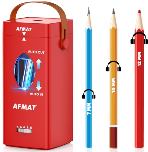 AFMAT Vollautomatischer Elektrischer Spitzer mit Behälter und Tragegriff für Dicke und Dünne Stifte 6,5-12mm, Aufladbar und Tragbar, Sicher für Schule, Büro, Haushalt, Rot PSC7