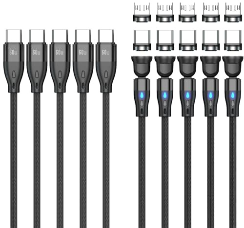 Junichi Magnetisches Ladekabel USB C auf USB C/Micro USB Magnetkabel (5 Stück,0.5m+1m+1m+2m+2m) PD 60W Schnellladung 540° Drehung 2-in-1 Magnet USB kabel für Android Micro USB Typ C Smartphone Laptop
