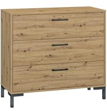 FURNLUX Nevio Chest of Drawers, Bedroom, Beige & Black, Chipboard/MDF/HDF, Oak Look, 92 x 40 x 83 cm, 3 Drawers, Modern, Freestanding