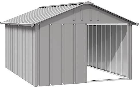 Hundehütte mit Wetterfestes Schrägdach, Hundehöhle mit Offener Eingang & Stahlrahmen für Garten Hinterhof, Grau 116,5x153x81,5 cm Verzinkter Stahl