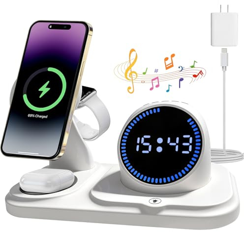 6 en 1 Cargador inalámbrico para iPhone con Altavoz Bluetooth, estación de Carga rápida para iPhone 17/16/15/14/13/12/11/Pro/Max/Plus, para Apple Watch y AirPods