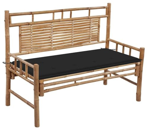 Teenpull Banc de jardin avec coussin, 120 cm, en bambou, résistant aux intempéries, pour jardin, terrasse, véranda, banc avec dossier, noir, coussin 100 % polyester