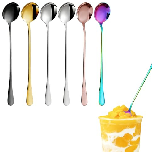 Latte Spoons, 6 Pcs Long Teaspoons, Long Handled Teaspoons for Ice Cream Milk Shake Espresso Cool & Hot Drinks