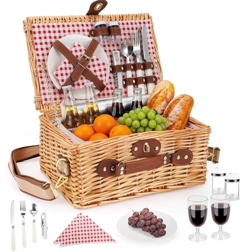 Wicker Picnic Basket Cestino da Picnic in Vimini per 2 Persone – Set Picnic con Vano Isotermico, Piatti, Posate, Bicchieri da Vino, Cavatappi – Perfetto per Spiaggia, Campagna, Parco & Regalo BBQ