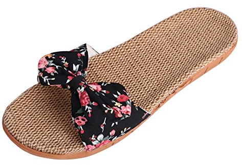 Sandales Ouvert Plates Femmes en Lin Antidéparant Chaussons d'Intérieur Maison Eté Respirant avec Noeud Papillon,39/40 EU,Noir avec Fleurs