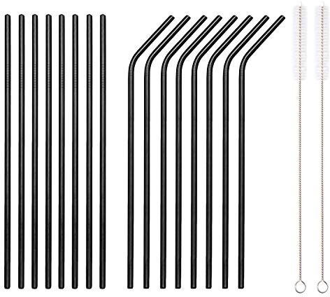 HOMQUEN 18-teilige schwarze Edelstahl-Strohhalme, wiederverwendbare 8,5-Zoll-Trinkhalme, mit Tragetasche (8 gerade / 8 gebogene / 2 Bürsten)