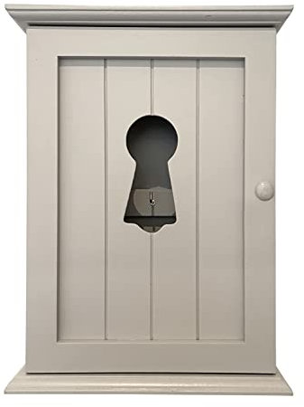 GreyZouq Wooden Key Cabinet Wall Mounted Cupboard. Keyhole shaped window design or elephant carving. Perfect Organiser for Keys. Magnetic Door Closure and Six Hooks (Light Beige Grey)