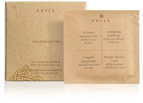 Prija Paquet Cadeau de Lingettes Énergisantes pour Hydratation des Mains et Revitalisation du Corps, Lingettes de Voyage Luxueuses avec Fleur de Lotus, en Boîte Cadeau 10 x 4ml.
