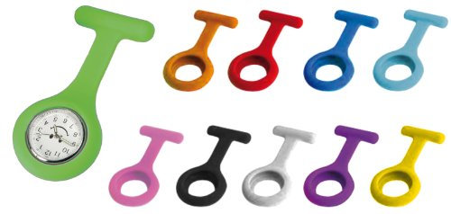 Juego de 10 relojes de enfermera (1 reloj de cuarzo + 10 fundas de silicona) (higiénico) + 10 agujas de solapa de reloj de enfermera, carbón