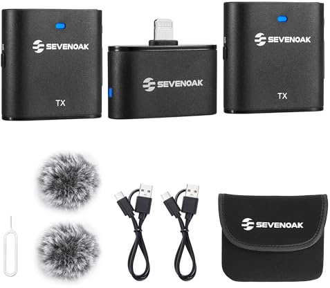 Sevenoak Microphone de Lavalier sans Fil avec Annulation de Bruit/Mute， stéréo/Mono commutable pour iPhone iPad Enregistrement vidéo Interview Vlog Live Stream SKM-S2 D (2 TX +1RX)