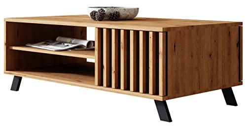 Newroom Couchtisch Wildeiche Anthrazit Ablagefach Wohnzimmertisch modern | offenes Fach mit Ablageboden, Lamellen-Optik, konische schwarze Beine, Sofatisch Stubentisch, für Wohnzimmer
