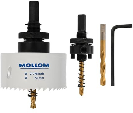 Mollom 73mm (2-7/8) HSS M42 8% Cobalt BI-Metal Hole Saw with Arbor | 2 Pilot Drill Bits, Smooth Cutting PVC, Drywall, Wood, Plastic, Metal, Rubber