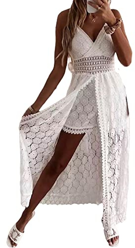 SANSIWU Damen V-Ausschnitt Ärmellos Strick Spitze Cutout Sling Maxikleid Rüschen Offener Rücken Unregelmäßiger Saum Vintage Partykleid Boho Solid Strandkleid, B-beige, X-Large