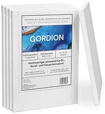 Gordion Keilrahmen 5er Set - 20x30 cm Rahmenleinwand mit 280g starkem Baumwoll Maltuch - Malfertige Keilrahmen Leinwand weiß - Geeignet für Acryl-, Öl-, Tempera- und Gouache Farben