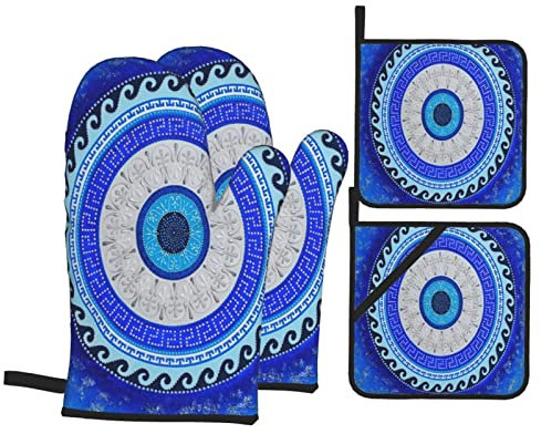 Gants De Four Art Grec du Mauvais Œil Matiasma Anti Chaleur Mitaines De Four Antidérapant Gants De Cuisine pour Cuisson Four Barbecue Grillade