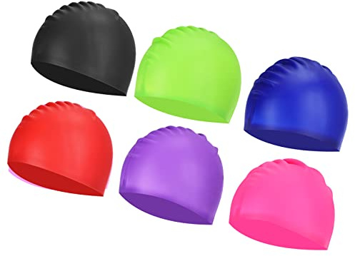 PATIKIL Silicone Swim Cap, 6 Pack Non-Slip Swimming Hat Adult Swim Caps for Women and Men Swim Training Racing, Black/Red/Purple/Blue/Green/Rose Red