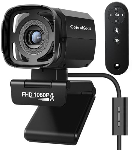 CofunKool Full 1080P HD Auto Tracking Webcam for PC with Microphone and Remote Control, Privacy Shutter, Low Light Correction, 73° View Camera, for Streaming Conference