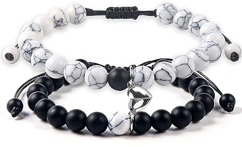Tokcousun 2 Pcs Magnetic Couples Bracelets Matching Bracelets Adjustable Connecting Bracelets, Double Rope Strong Couple Gifts Friendship Beads Bracelet Christmas Valentines Day Gifts