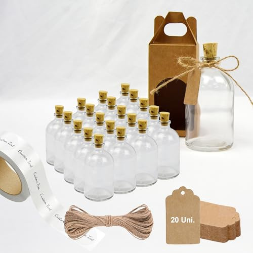20 botellas de vidrio de 100 ml con 20 cajas, 20 etiquetas kraft, cordel y 20 etiquetas personalizadas - Ideales para decoración, almacenamiento de especias y regalos elegantes para bodas