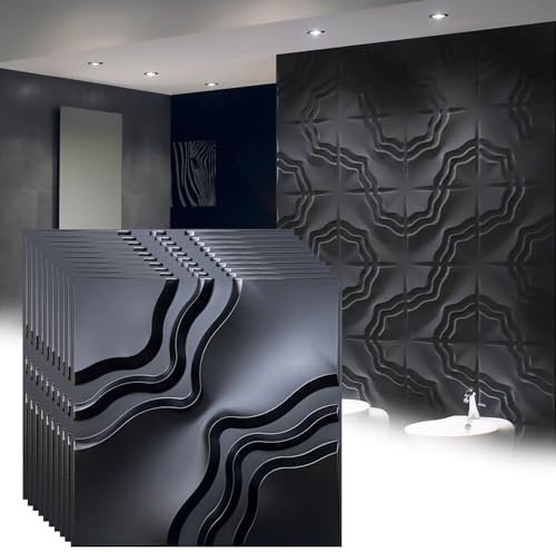 HAILM 12 Stück/Satz 3D Wand Panel, Fliesen Tapete Hintergrund Aufkleber, Verkleidung Wasserdicht PVC, Überstreichbare Wandverkleidung, 19,7 x19,7 (32,3 Sq.Ft./Box),Schwarz