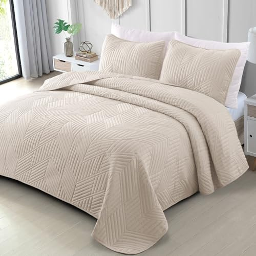 Exclusivo Mezcla Ultrasonic Tagesdecke, Leichte Bettüberwurf Steppdecke | 240x260 CM Tagesdecke Bettüberwurf mit zwei Kissenbezüge, geometrische Wohndecke als Überwurfdecke für Wohnzimmer, Beige