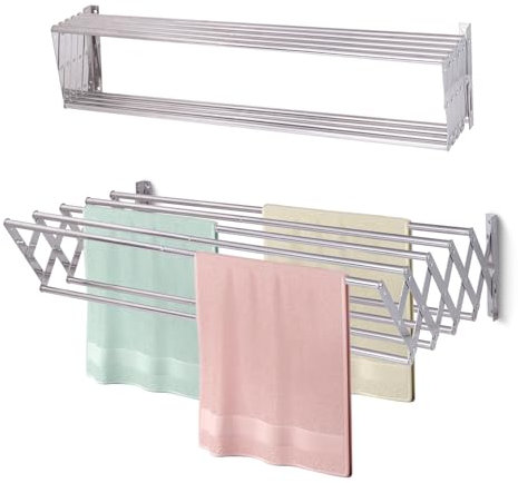 Sinbide Étendoir à linge pliable mural extensible 80 cm/100 cm/120 cm avec 9 baleines pour intérieur et extérieur, en acier inoxydable, idéal pour la salle de bain ou le balcon (100 cm)