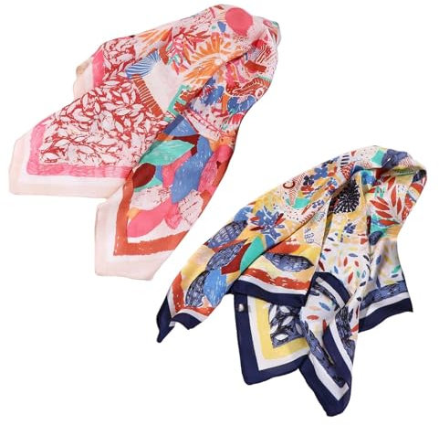 GUEDKIKL Quadratischer Retro-Schal, Seidentuch, 68,6 x 68,6 cm, bedruckt, für Damen, Strand, Sonnenschutz, Kopftuch, Satin-Halstuch für Tasche, Haarschal, 2 Stück, Blau, Small