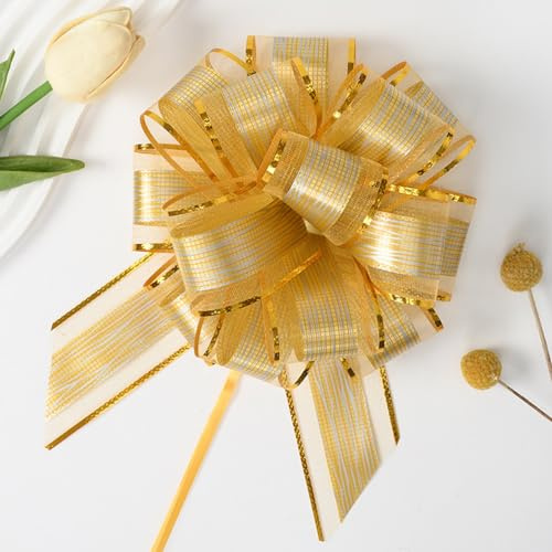 Ainmto 10 Stück Geschenkschleife Groß(16cm),Geschenkbänder Ziehschleife Gold,Dekoschleife für Geschenkverpackung Auto Deko