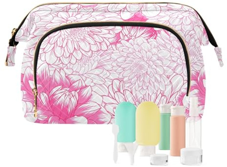 FRODOTGV Trousse de toilette, motif dahlia rose et chrysanthème, organiseur de trousse de maquillage, porte-monnaie pour femme, sac de voyage Essentials, Dahlia rose et chrysanthème, 1 Size