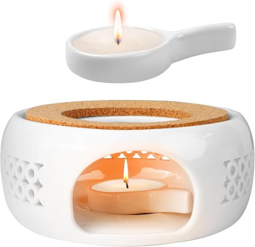 JOLIGAEA Scalda Teiera in Ceramica, Scalda Latte con Portacandele, Riscaldatore per Teiera con Supporto in Sughero, Scheletro Design per Conservazione del Calore Caffè Tè o Latte