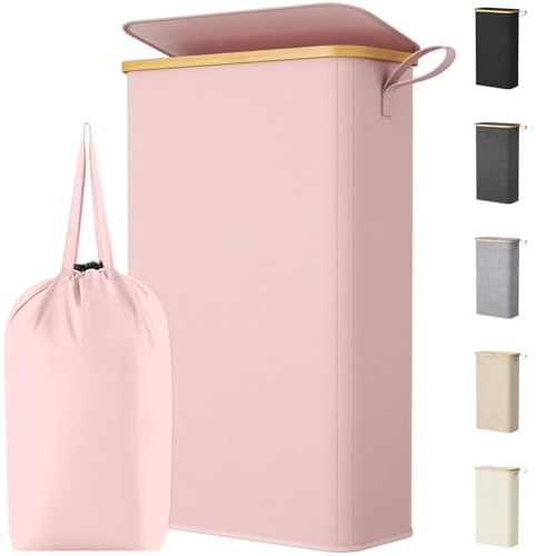 Lifewit 65L Slim Laundry Basket with Lid, Narrow, Removable Bag, Pink | Bamboo Handles, Foldable Thin Laundry Bin, Dirty Clothes Hamper for Laundry, Bathroom, Bedroom and Dorm
