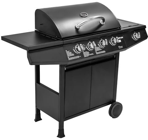 Amig - Barbecue a gas Fireplus 4+1 da 9,3 kW | Acciaio inossidabile Nero | Griglia ruote Modello GRILL-4F | Barbecue XXL con carrello e termometro | 126x52x103 cm | 5 bruciatori e Vassoio laterale