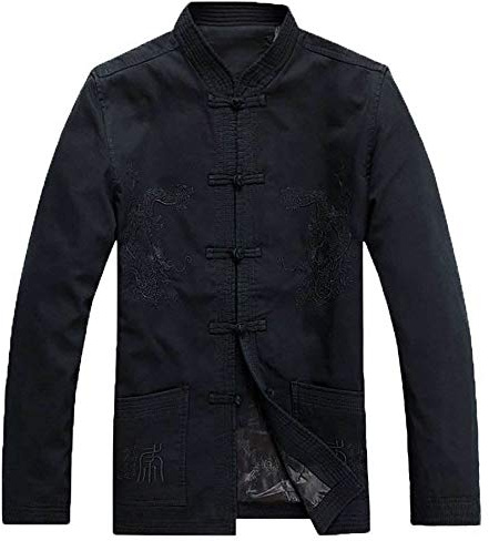 Rubruan Veste d'arts martiaux Kung Fu - Veste traditionnelle chinoise Tangzhuang pour homme Costumes Tai Chi Wing Chun Manches Longues Vêtements Uniforme Col montant Broderie Dragon, Noir bleu, S