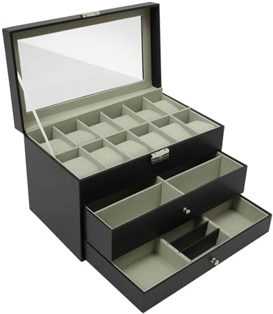 TaNeHaKi Joyero de 3 niveles, caja de almacenamiento con tapa de cristal, caja de almacenamiento para relojes para gemelos, relojes, pulseras