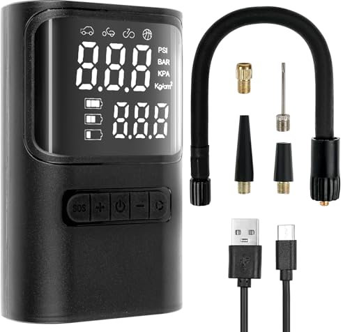 WOVTE Portable Tyre Inflator Air Compressor - 150PSI USB Rechargeable Pump With Digital Display, LED Light for Car, Motorcycle, Bike, Ball (Black, 4000mAh)