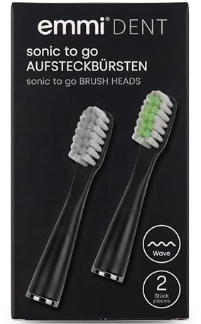 Emmi-dent Ersatzbürsten, 2x Bürstenköpfe Schwarz für Sonic to go Schallzahnbürste, Zahnbürstenaufsatz mit Wellenform, ausgewogenem Härtegrad, Ersatzzahnbürsten für Ultraschall Zahnbürste