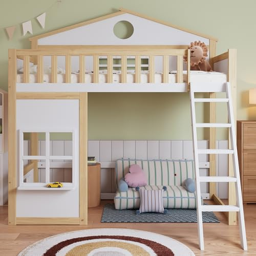 Litera, Cama-casa, con Escalera, con protección anticaídas y barandilla, Cama Infantil con Techo y Ventana, Cama Inferior configurable, Estructura de Pino, Pino+MDF, Blanco+Natural, 90x200cm