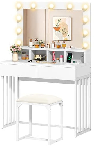 YITAHOME Schminktisch mit Beleuchtung, Schminktisch mit Spiegel und Hocker 3 Farben mit Einstellbarer Helligkeit, Kosmetiktisch mit 2 Schubladen Ladestation Frisiertisch mit Spiegel Kosmetiktisch Weiß
