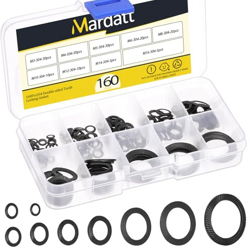 Mardatt 160Stk M3 M4 M5 M6 M8 M10 M12 M14 M16 Doppelseitige Keilsicherungsscheibe, Manganstahl Konische gerändelte Federscheibe, Vibrationsresistente Sicherungsscheiben für Bolzen
