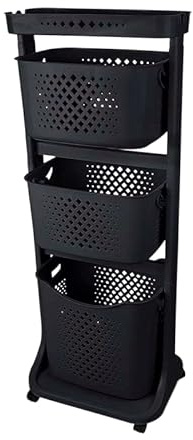 Wäschekorb 3 Fächer Wäschekorbwagen mehrstöckig Kunststoff Wäschekorb mit Rollen Laundry Basket Kunststoffkorb für Wäsche Wäschebox Wäschesammler Aufbewahrung (Schwarz)
