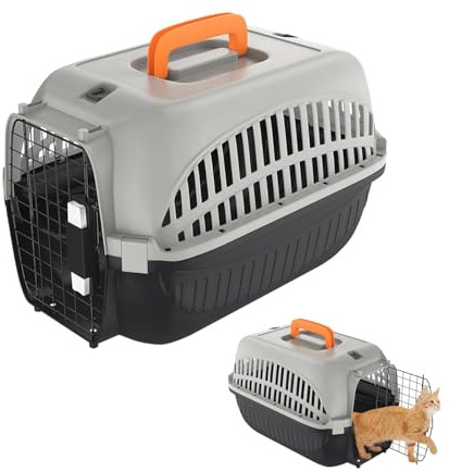 LZQ Hundetransportbox Auto aus PP-Kunststoff, Katzentransportbox bis 10 kg, Transportbox für Kaninchen Hunde und Katzen, mit Metalltür Vorne für Einfachen Zugang, Transportbox Katze(Schwarz + Grau)